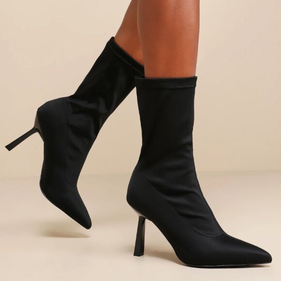 Lulus Amsie Black Knit Pointed-Toe Mid-Calf Sock Boots - Picture 1 of 6